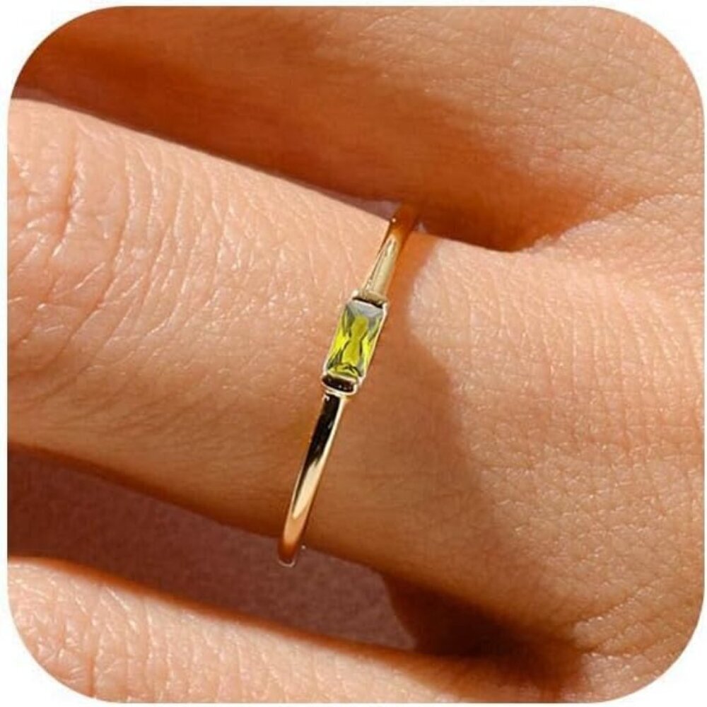 Women Green/gold Non Tarnish Dainty 14k Gold Plated Baguette Emerald Stone Ring